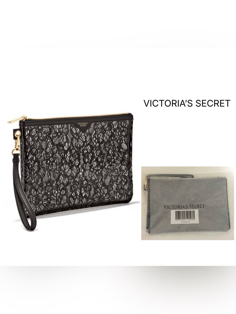 VICTORIA'S SECRET - NWT - BLACK GOLD SLIM LACE POUCH / CLUTCH / BAG